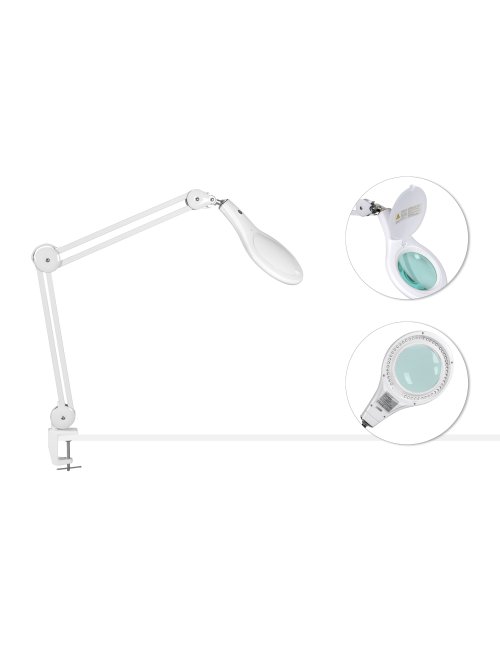 LAMPE LOUPE X2.25 A LED 4W 6000K SUR PIED ROULETTES + ACCROCHE TABLE PINCE LID
